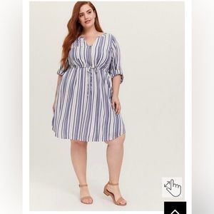 Torrid New With Tags - BLUE & WHITE STRIPE ZIP FRONT DRAWSTRING SHIRT DRESS